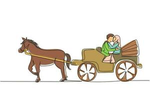 unico disegno a tratteggio matrimonio coppia araba cercando di baciarsi. Novelli sposi. felicità sposi seduti in carrozza trainata da cavalli. illustrazione vettoriale grafica di disegno a linea continua