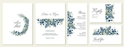 nozze inviti, menù e grazie voi carte con disegnato a mano acquerello estate selvaggio blu fiori. vettore modelli