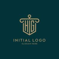 hg monogramma iniziale logo design con scudo e pilastro forma stile vettore