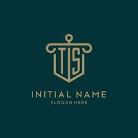 ts monogramma iniziale logo design con scudo e pilastro forma stile vettore