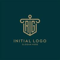 rg monogramma iniziale logo design con scudo e pilastro forma stile vettore