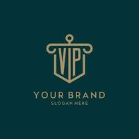 vp monogramma iniziale logo design con scudo e pilastro forma stile vettore