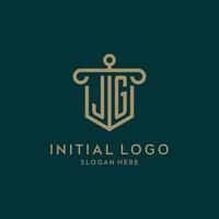 jg monogramma iniziale logo design con scudo e pilastro forma stile vettore