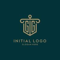 gg monogramma iniziale logo design con scudo e pilastro forma stile vettore