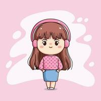 carino contento ragazza con cuffie ascoltando musica kawaii chibi piatto schema cartone animato personaggio vettore