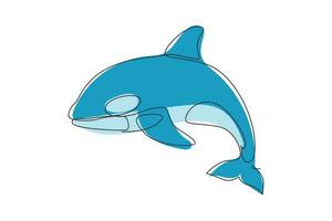 singola linea continua disegno orca killer di balene in acqua. mascotte animale pesce assassino balena selvatica per piscina acquatica. orca sotto l'acqua dell'oceano. illustrazione vettoriale di un disegno grafico a una linea