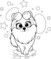 colorazione pagina. cartone animato divertente cane, volpino spitz con occhiali vettore