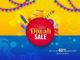 contento Diwali vendita bandiera o manifesto design con petardi, shopping Borsa e 60 sconto offrire su giallo e blu illuminazione effetto floreale sfondo. vettore