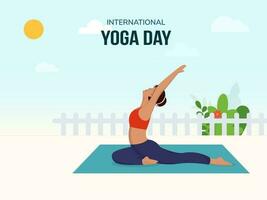 internazionale yoga giorno concetto con giovane signora praticante aswasanchalasana posa su lucido blu e bianca sfondo. vettore