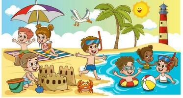 bambini bambini prendere il sole nuoto nel il mare a estate figli di campo su mare spiaggia costa. poco ragazzo siamo giocando con sfera. il bambini su il spiaggia siamo edificio un' sabbia castello. vettore