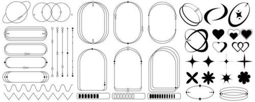 impostato di geometrico elementi nel di moda anni 90 stile. estetico y2k elemento, per striscioni, sociale media, manifesto disegno, adesivi. di moda design per cornici, paillettes, cuore, fiore, stella, linee, zigzag. vettore