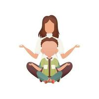 un' ragazza con un adorabile bambino è seduta fare yoga nel il loto posizione. isolato. cartone animato stile. vettore