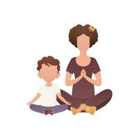 mamma e poco figlio siamo seduta fare meditazione. isolato. cartone animato stile. vettore