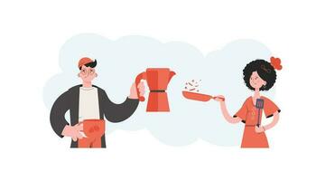 un' uomo e un' donna In piedi con un' cintura e hold un' spatola e caffè barre. caffè negozio. elemento per presentazioni, siti. vettore