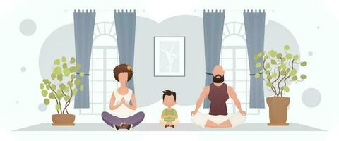 marito e moglie con un adorabile bambino siamo Meditare nel il camera. meditazione. cartone animato stile. vettore
