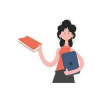un' donna sta cintola con un' libro e un' tavoletta. isolato. elemento per presentazioni, siti. vettore