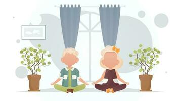 un' ragazzo e un' ragazza siamo fare meditazione nel il loto posizione nel il camera. yoga. cartone animato stile. vettore