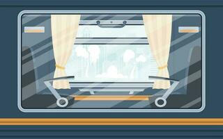 finestre di un vuoto pendolare treno. rotaia trasporto è mostrato fuori. cartone animato stile. piatto stile. vettore