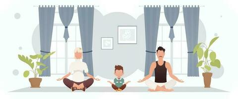 marito e moglie con un adorabile bambino fare yoga nel il loto posizione nel il camera. meditazione. cartone animato stile. vettore