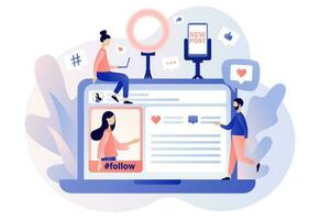 blog concetto. nuovo inviare foto e video contenuto. minuscolo persone Seguire blogger nel sociale media reti. influencer marketing. mmm. moderno piatto cartone animato stile. vettore illustrazione su bianca sfondo