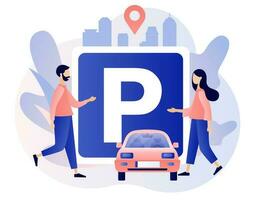 parcheggio - grande strada cartello. pubblico parcheggio. urbano trasporto. minuscolo persone guardare per parcheggio spazio, parco automobile. moderno piatto cartone animato stile. vettore illustrazione su bianca sfondo