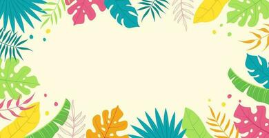 estate astratto sfondo e bandiera con esotico giungla foglie, palma le foglie. colorato, luminosa e divertimento design nel il stile di Ciao estate. vettore
