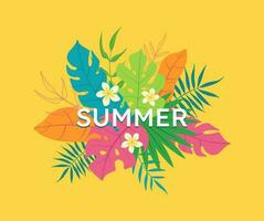 estate tempo striscione. creativo luminosa, colorato, giallo, divertimento sfondo con tropicale le foglie e plumeria fiori. estate saldi, manifesto modello, saluto carta. vettore