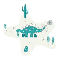 piatto mano disegnato vettore scena con dinosauro uovo passo roccia fiore e cactus
