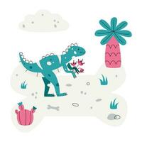 piatto mano disegnato vettore scena con dinosauro palma cactus erba osso e nube