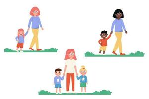 mamma e bambini internazionale a piedi con loro mani nel un' piatto stile vettore