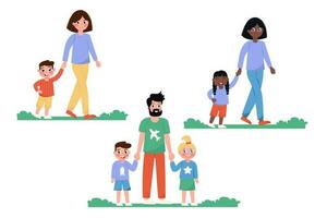 genitori e bambini internazionale a piedi con loro mani nel un' piatto stile vettore