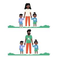 afroamericano mamma e papà a piedi con loro bambini nel un' piatto stile vettore