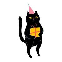 nero gatto nel il festa cappello Tenere il regalo vettore