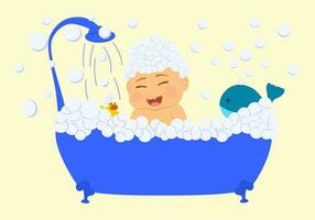 bambino nel bagno schiuma. Vintage ▾ bagno e sapone schiuma bolle su beige sfondo, illustrazione. vettore