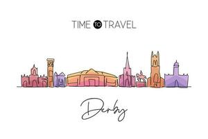 skyline della città di derby con disegno a linea continua singola, regno unito. famoso paesaggio di raschietto della città. concetto di stampa di poster di arte della decorazione della parete di casa di viaggio del mondo. illustrazione vettoriale moderna di disegno di una linea