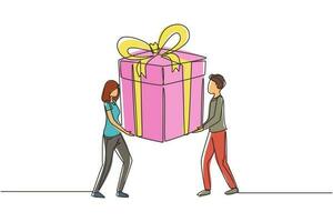 disegno a linea continua singola coppia felice uomo e donna stanno portando un'enorme confezione regalo. grande bonus o offerta speciale. regalo di buon compleanno. illustrazione vettoriale di disegno grafico dinamico di una linea