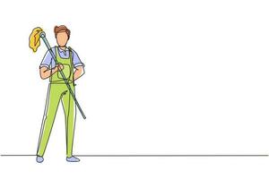 un disegno continuo di una linea il membro del personale di pulizia maschile felice tiene il mocio in guanti su sfondo bianco. concetto di persone diverse come lavorare nel servizio di pulizia. vettore di disegno a linea singola
