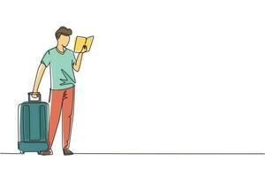 un solo disegno a tratteggio uomo che legge il libro di testo. studente maschio in piedi con libro aperto in mano e valigia. lettore entusiasta per l'istruzione e l'hobby. illustrazione vettoriale di disegno a linea continua