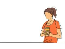 cameriera di disegno a linea continua che tiene e serve una tazza di carta di caffè caldo nella caffetteria. bella giovane donna che mostra bevanda calda in tazza di carta usa e getta. illustrazione vettoriale di disegno a linea singola