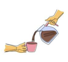 disegno continuo di una linea l'uomo sta versando caffè nero caldo dalla caffettiera nella tazza al mattino. preparare il caffè in casa. pentola in acciaio inox. routine mattutina. vettore di disegno a linea singola