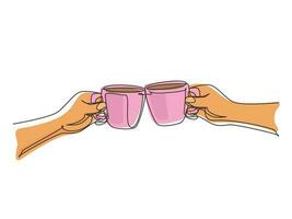 mani di disegno a linea continua singola con tazze di caffè caldo o tè caldo. bicchieri tintinnanti con due tazze di caffè. vista ritagliata ravvicinata di due mani che tengono tazza e pane tostato. vettore di disegno di una linea