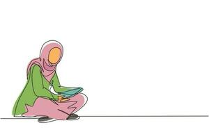 disegno continuo di una linea simpatica signora araba seduta sul pavimento, che legge un libro. adorabile giovane donna che trascorre il fine settimana a casa. attività per il tempo libero, relax. illustrazione vettoriale di disegno a linea singola