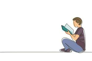disegno a linea continua singola uomo adolescente in abbigliamento casual seduto sul pavimento e libro di lettura. lettore entusiasta per il concetto educativo e hobby. illustrazione vettoriale di un disegno grafico a una linea