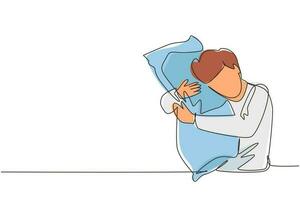 disegno a linea continua singolo maschio che dorme mentre abbraccia il cuscino. attività delle persone. dolce sogno o concetto di sonno. l'uomo ha preso un sonnifero per l'insonnia. illustrazione vettoriale di un disegno di linea