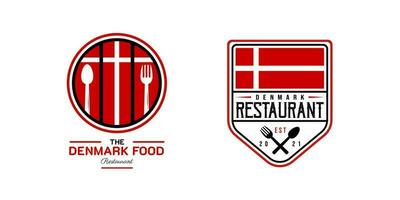 Danimarca cibo ristorante logo. Danimarca bandiera simbolo con cucchiaio, e forchetta icone. premio e lusso logo vettore