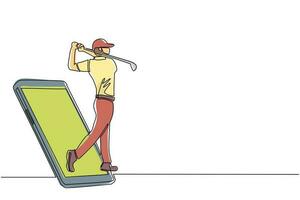 singolo una linea di disegno uomo giocatore di golf swing golf club uscire dallo schermo dello smartphone. partite di sport mobili. gioco di golf online con app mobile dal vivo. vettore grafico di disegno di linea continua