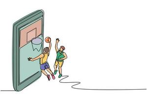 una sola linea che disegna due giocatori di basket in azione durante il gioco fuori dallo schermo dello smartphone. un atleta lancia la palla nel canestro. basket mobile. vettore grafico moderno di disegno di linea continua