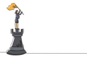 singola donna d'affari di disegno a tratteggio in piedi sopra una grande torre di scacchi e sventolando una bandiera. concetto di successo del leader. strategia aziendale di successo. illustrazione vettoriale grafica di disegno a linea continua