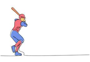 un disegno continuo di una linea giovane giocatore di baseball agile pronto a colpire la palla. torneo professionistico di baseball league. concetto sano di esercizio sportivo. illustrazione vettoriale di disegno a linea singola