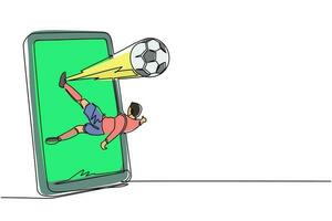 un giocatore di football che disegna una linea continua calcia una palla in alto dallo schermo dello smartphone. partita di gioco sportivo mobile. gioco di calcio online con app mobile dal vivo. grafica vettoriale di disegno a linea singola